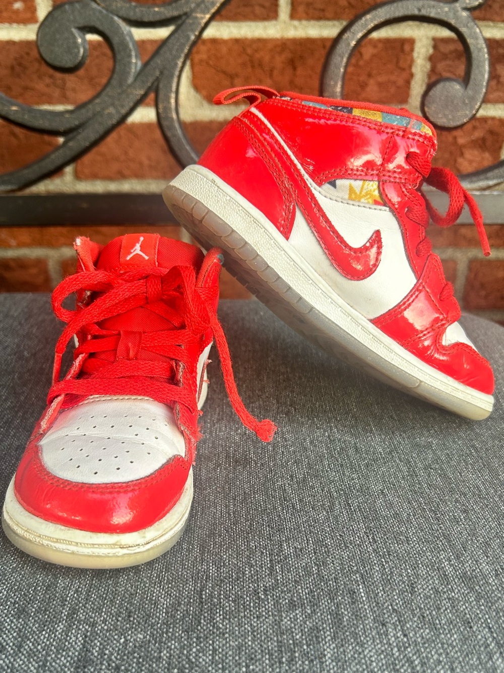 Nike Air Jordan 1 Mid Barcelona Sweater Red Shoes, Size 10 c ,Patent GS DC7248-6